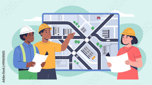 team of construction professionals reviewing an urban road map and pointing at intersections on a large planning board, urban infrastructure planning concept