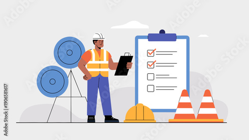 construction worker wearing safety gear checking a clipboard checklist at a construction site, safety inspection and compliance concept