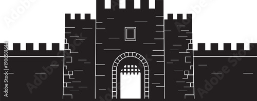 Medieval castle fortress gate with drawbridge silhouette vector illustration line art