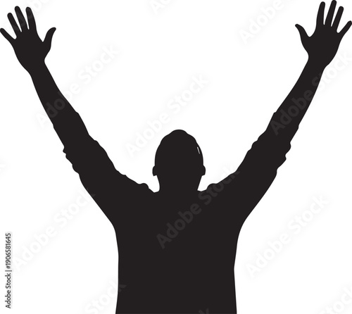 Man arms raised high celebrating victory or praise vector silhouette illustration