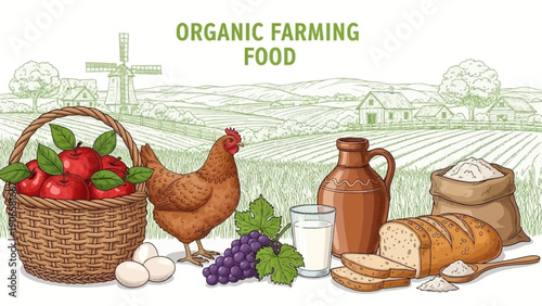 Farm fresh organic food and chicken products displayed beautifully.