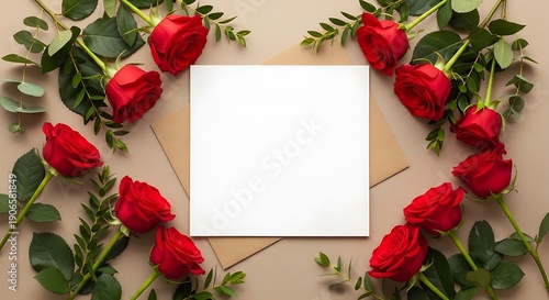Red Roses and Blank Card on Beige Background.