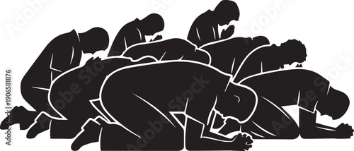 People praying vector silhouette illustration, muslim prayer line art graphic on transparent background