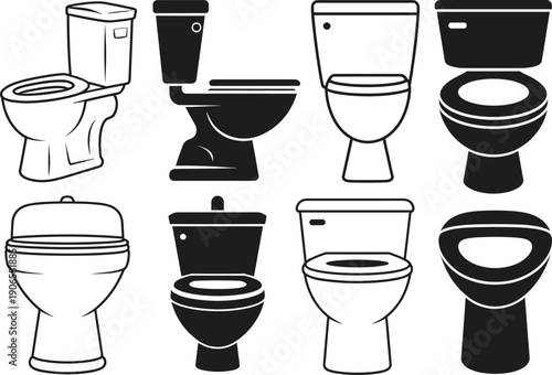 "Collection of toilet silhouettes in various designs and styles including solid and outlined versions for plumbing, signage, and design projects"