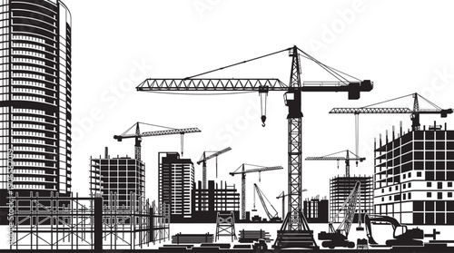 Urban construction site silhouette with cranes and high rise buildings black white vector city development illustration