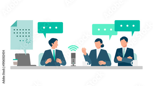 Business team using speech recognition microphones to automate meeting minutes, representing digital transformation and collaborative office workflow