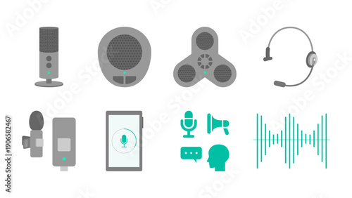 Business icon illustration showing speech recognition and microphones for meetings, transcription, and modern workflow concepts in digital workplaces