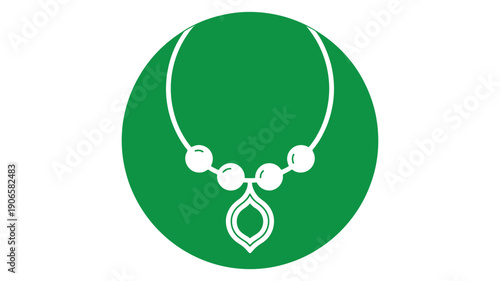 Green circle with white necklace and leaf pendant on white background