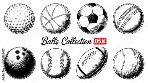 Collection of various sports balls illustrations on white background