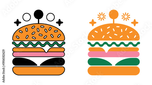 Colorful illustrations of burgers with various toppings and decorations on white background