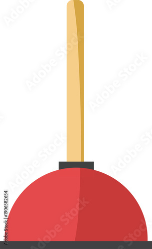Red toilet plunger with wooden handle isolated on white background vector illustration for bathroom and cleaning design