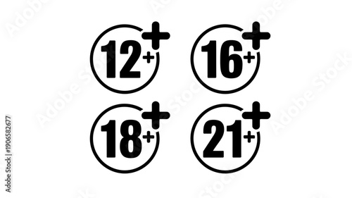 Age rating signs with numbers twelve sixteen eighteen twenty one plus  age restrictions symbols