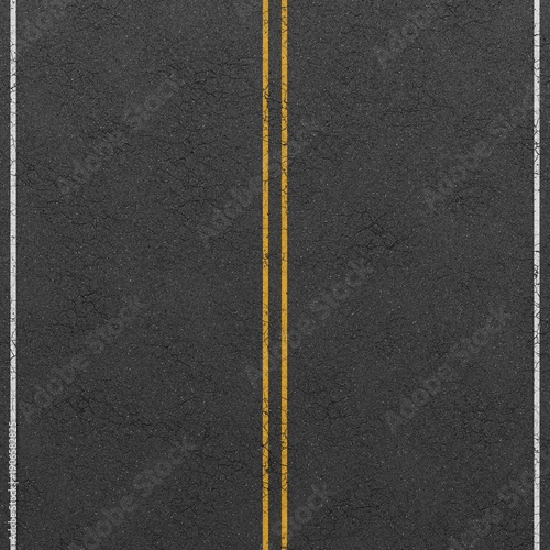 Cracked asphalt road surface with double yellow lines and white edges. 3D rendering illustration