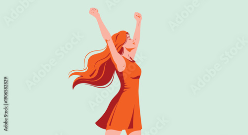 Confident woman celebrating with arms raised in vibrant orange dress against plain background