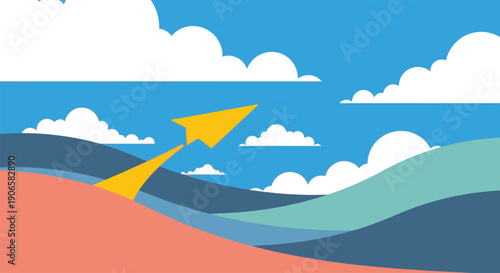 A vibrant yellow kite soaring over a coastal landscape under a bright sky