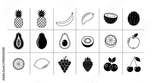 Collection of Fresh Fruit Icons: Pineapple, Banana, Mango, Coconut, Avocado, Apple
