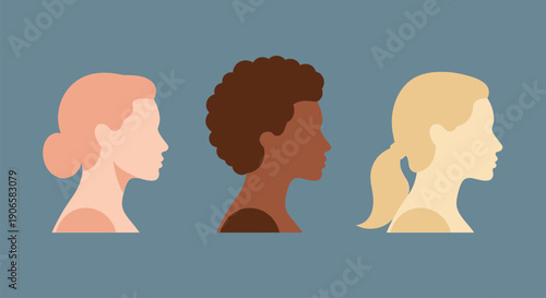 Illustration of three diverse human silhouettes with different hair colors and features