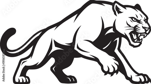 Aggressive mountain lion mascot illustration jumping cougar black white vector animal sports logo emblem design