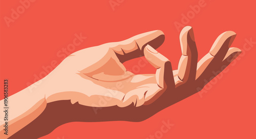 A hand making a peace sign against a vibrant red background