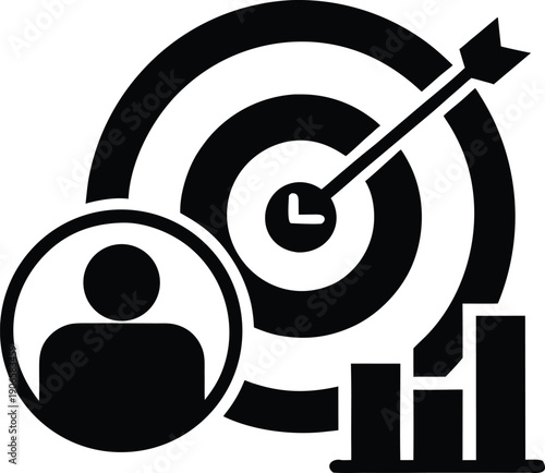 Black and white target with person arrow, clock, and bar graph symbols