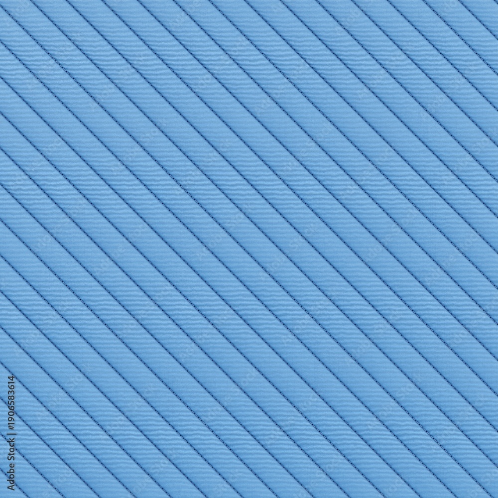 Fototapeta premium Light blue quilted fabric texture with diagonal stitched stripes background. 3D rendering illustration