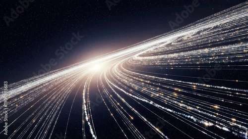 Vast streams of glowing data particles and light trails curve through a dark digital space toward a brilliant central sun.