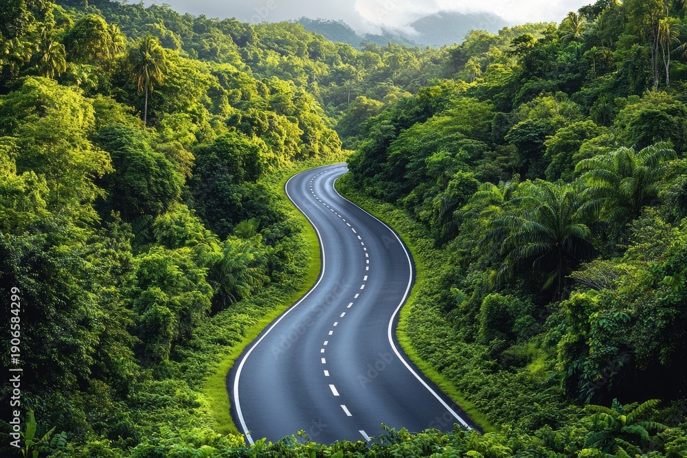 Fototapeta premium Winding road through green forest under bright sky in a tropical setting