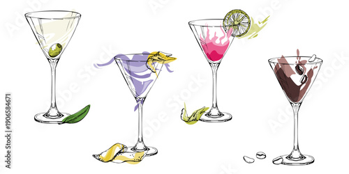 Vector set of cocktails in martini glasses hand drawn in ink. Aviation, Cosmopolitan, Espresso, Strawberry Daiquiri with citrus and olive garnish. Bar menu graphics, recipe borders, catalog pages