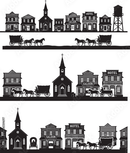 Vintage western town silhouette with horse carriage streetscape buildings black white vector illustration historical city scene
