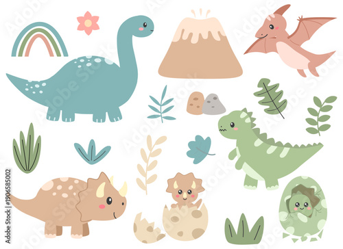 Cute boho dinosaur illustration set with volcano, rainbow and prehistoric plants. Baby dino characters in flat cartoon style. Nursery clipart collection in earthy pastel tones. Vector illustration