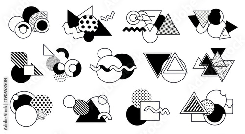 Abstract Geometric Shapes Composition, Memphis Style, Retro Design Elements