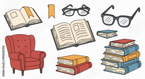 Vintage reading corner essentials doodle illustration set books armchair eyeglasses study education knowledge library