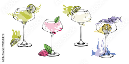 Coupe glasses filled with Daiquiri, Margarita cocktails, clear spirits with citrus slices and burning flame serve. Ink outlines, hand drawn vector for product seals, drink bar kits, holiday cards.