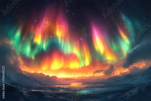 Colorful aurora borealis lights seen from space during night over the Arctic landscape