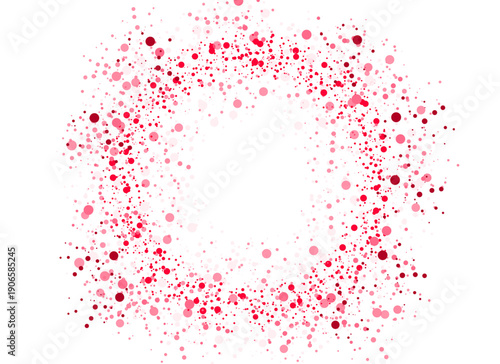 Red and pink scattered dots forming a round festive frame, romantic valentine confetti border design on white
