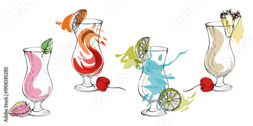 Highball glass iconic cocktails, milkshakes and tropical flavor lemonade with ink outline, colorful vector splash blobs. Hand drawn vector for recipe stamps, social posts, tags, themed event logos
