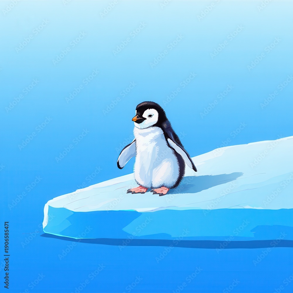 Obraz premium Cute Penguin Standing on Ice Floe in Blue Water