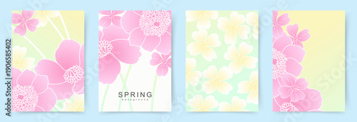 Spring set of floral cards. Minimalistic cover templates with abstract flowers. Vector design for social media, banner, postcards, advertising