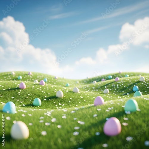 Easter eggs scattered on a vibrant green hillside under a bright blue sky with fluffy white clouds on a sunny day