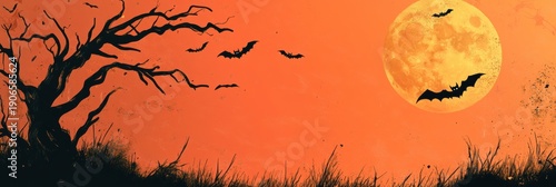 Horror scene with bats and a full moon on Halloween night with space for text and minimal design