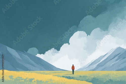 A painting of a person standing on a hill