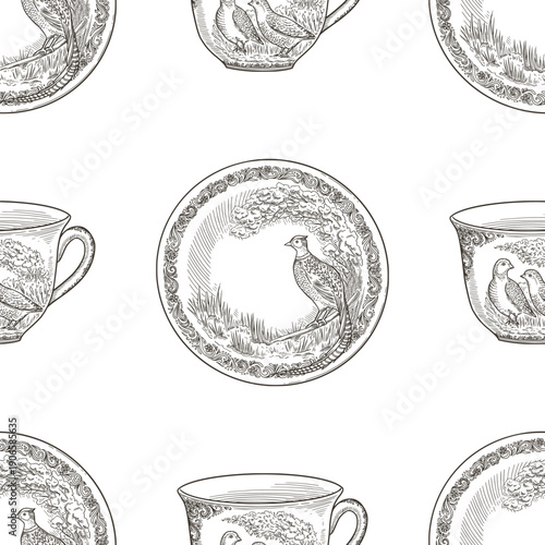 Seamless pattern with vintage cup and plate dishware graphic background. Hand drawn vector design in sketch style. Retro print for kitchen wallpaper. Perfect for nostalgic holiday fabric and paper.