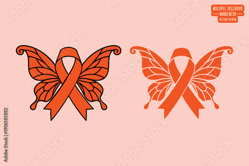 Ornate MS Butterfly Ribbon Art Vector for Multiple Sclerosis Awareness Month, Decorative Healthcare Support Symbol, Patient Advocacy, and Medical Charity Creative Graphic Design