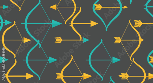 Stylish seamless pattern of teal and golden bows arrows Archery Target Success Cupid Sagittarius Vector