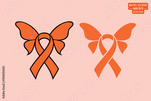 Bright MS Butterfly Ribbon Icon Vector for Multiple Sclerosis Awareness, Innovative Medical Research, Neurological Health Support, and Chronic Illness Patient Care Illustration