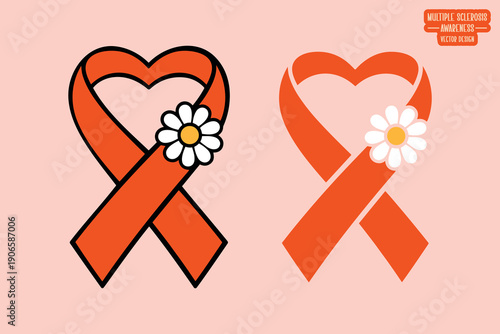 Heart Shaped Ribbon, MS Support Ribbon with White Daisy Bloom Vector for Multiple Sclerosis Awareness, Healthcare Charity Fundraising, Neurological Disease Solidarity, and Patient Care Graphic Design