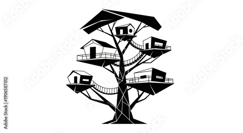 Whimsical Treehouse Village Silhouette