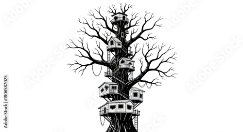 Whimsical Treehouse Village on Bare Branches - Fantasy Illustration