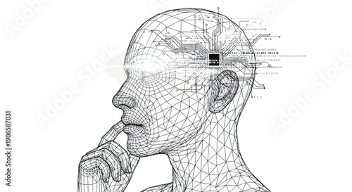 Wireframe human head with microchip, concept of artificial intelligence and technology