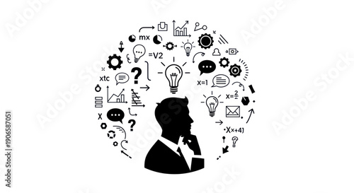 Silhouette of a man thinking with ideas and problem solving symbols floating around